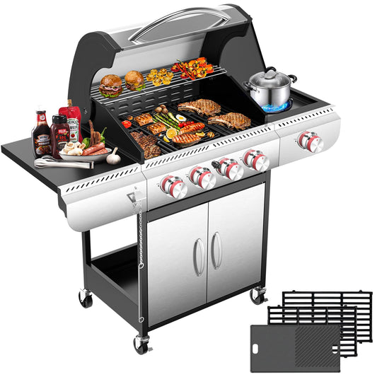 R.W.FLAME 4-Burner Propane Gas Grill, BBQ Grill with Side Burner,42,000 BTU Stainless Steel