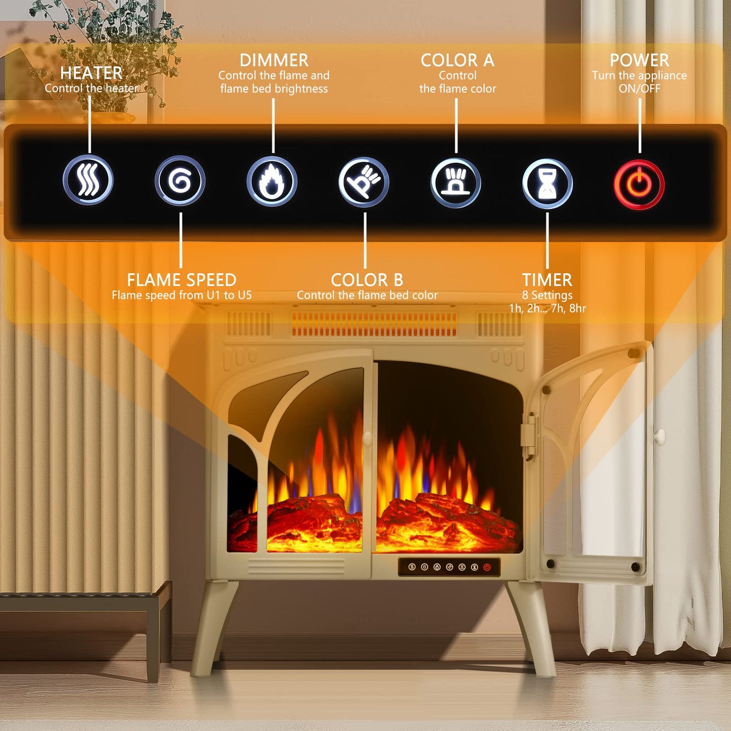 Electric Fireplace Heater Portable Electric Fireplace Stove Heater Indoor 5 Flame Speeds Control