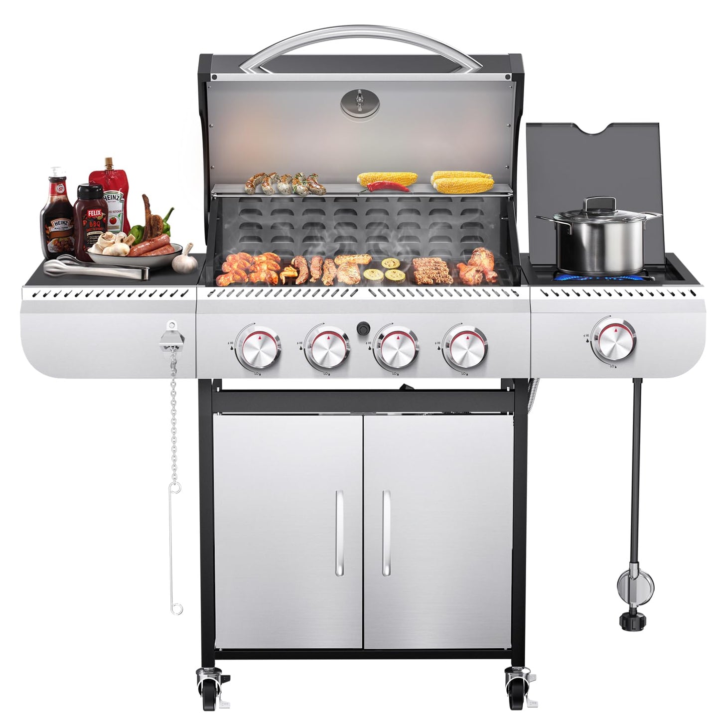 R.W.FLAME 4-Burner Propane Gas Grill, BBQ Grill with Side Burner,42,000 BTU Stainless Steel