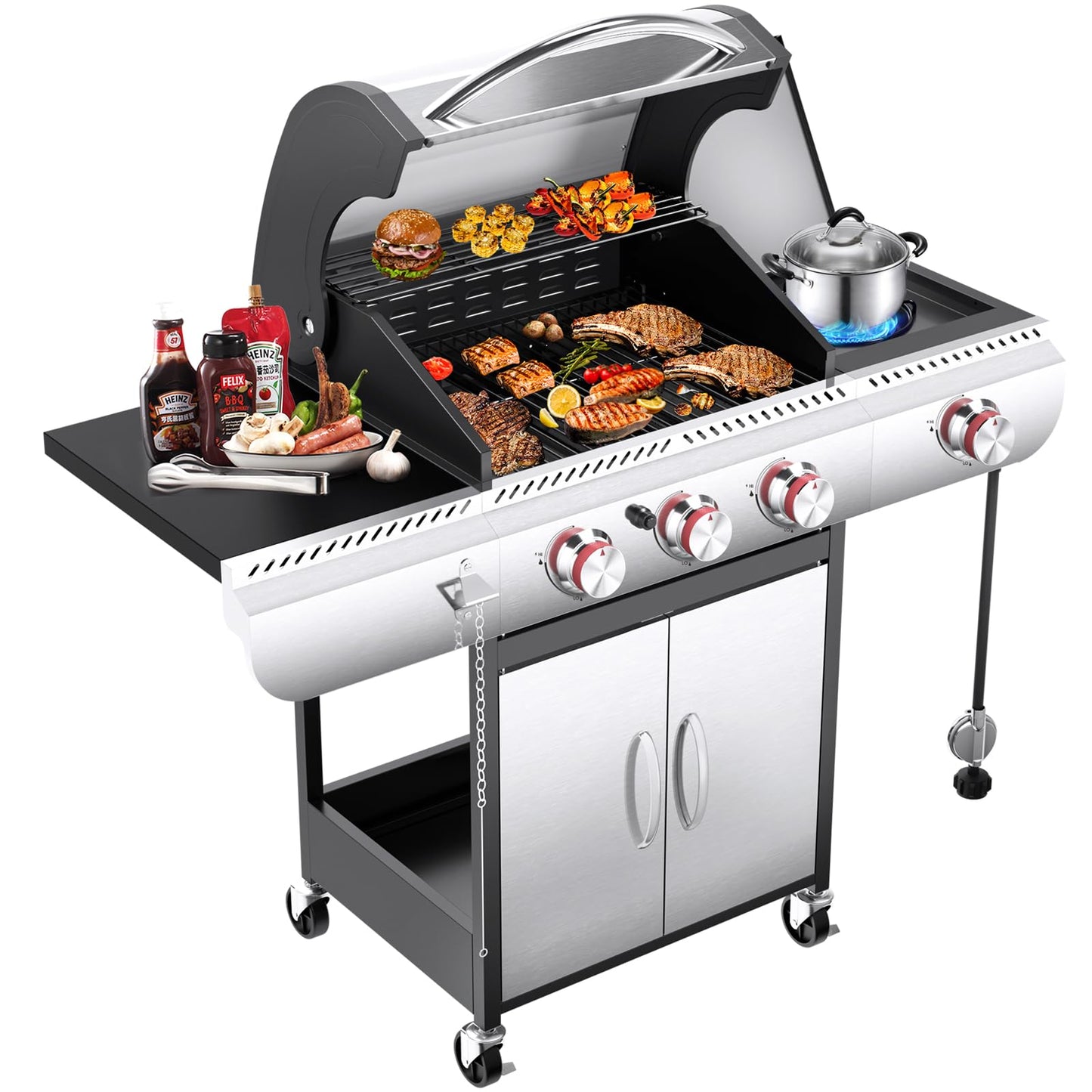 R.W.FLAME 4-Burner Propane Gas Grill, BBQ Grill with Side Burner,42,000 BTU Stainless Steel