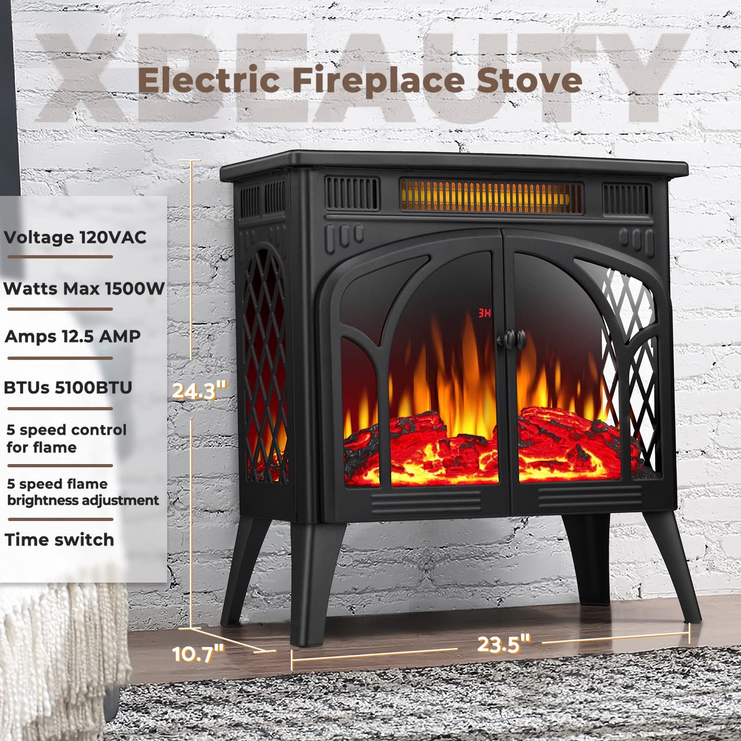 Electric Fireplace Heater Portable Electric Fireplace Stove Heater Indoor 5 Flame Speeds Control