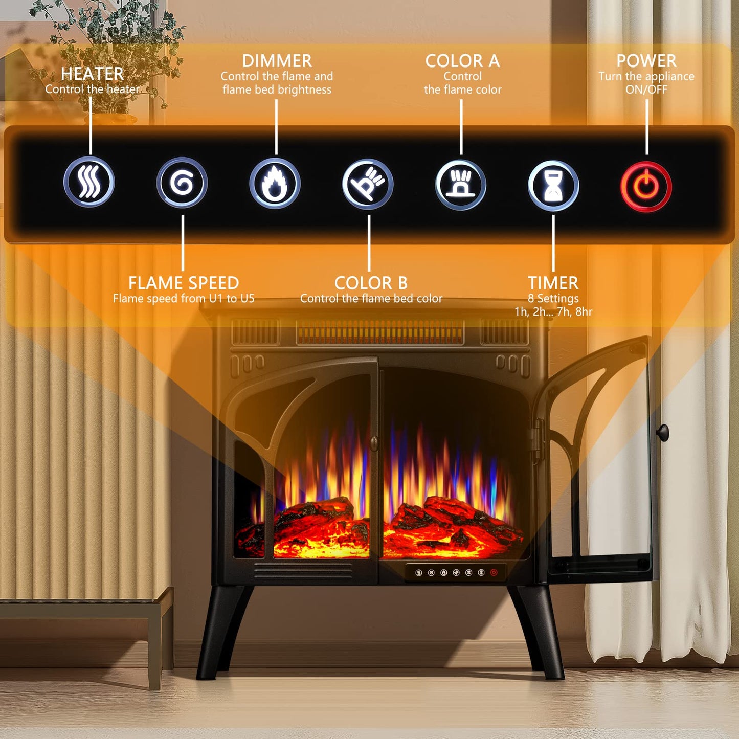 Electric Fireplace Heater Portable Electric Fireplace Stove Heater Indoor 5 Flame Speeds Control