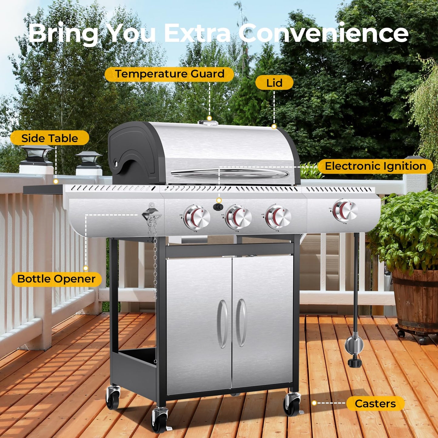 R.W.FLAME 4-Burner Propane Gas Grill, BBQ Grill with Side Burner,42,000 BTU Stainless Steel