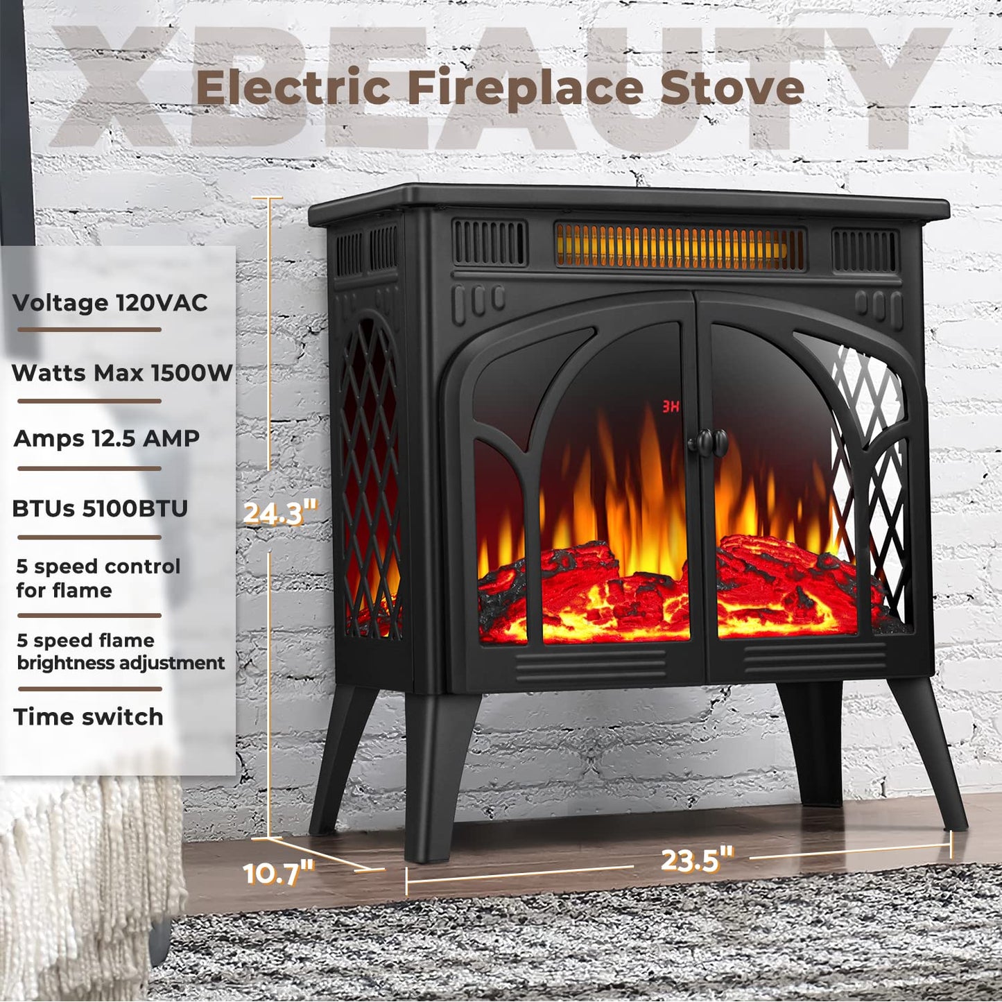 Electric Fireplace Heater Portable Electric Fireplace Stove Heater Indoor 5 Flame Speeds Control