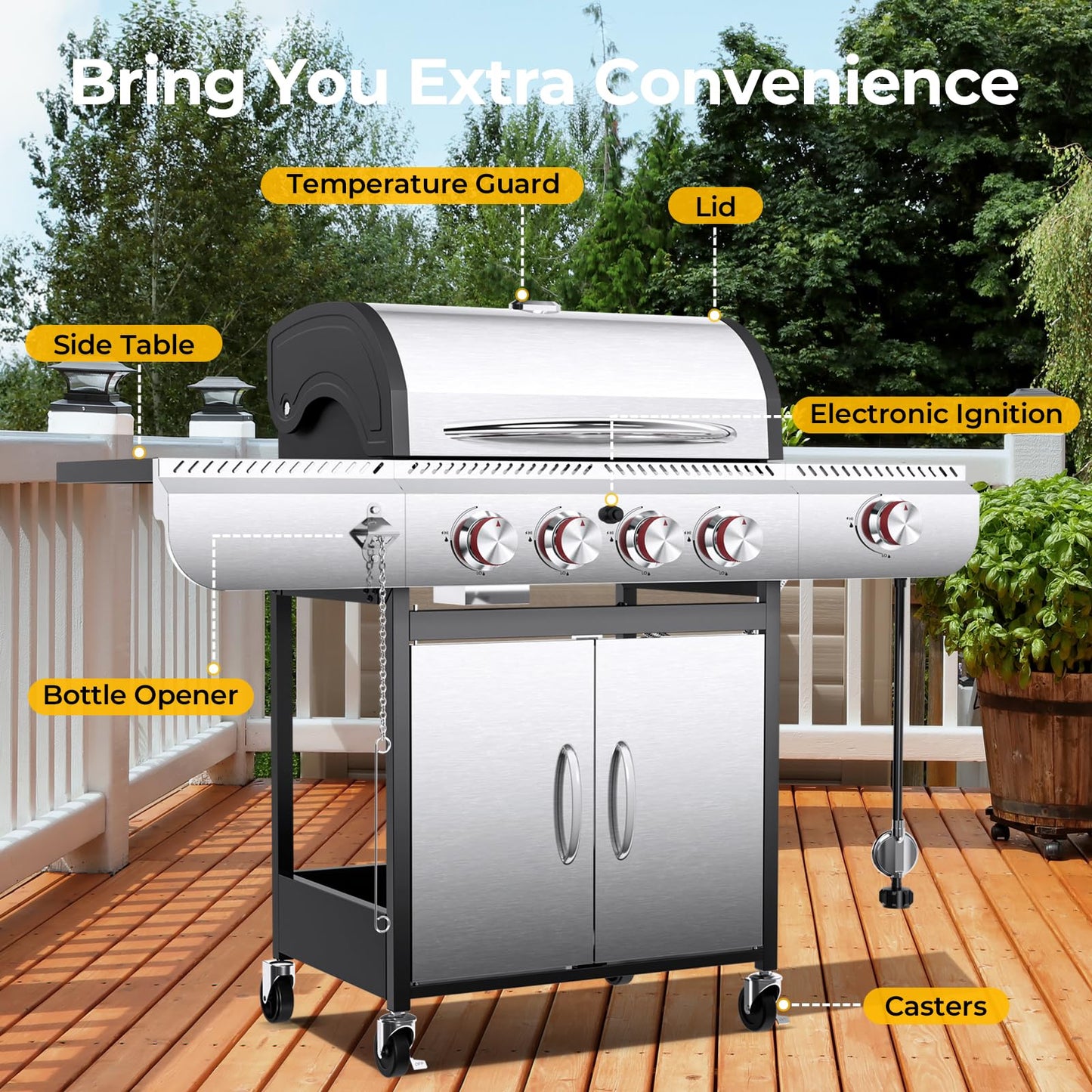 R.W.FLAME 4-Burner Propane Gas Grill, BBQ Grill with Side Burner,42,000 BTU Stainless Steel