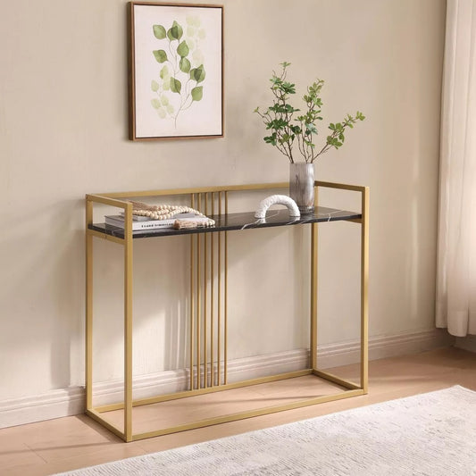 Kings Brand Furniture - Modern Sofa Console Table with Black Faux Marble Storage Shelf & Gold Metal Frame for Hallway, Bedroom, Living Room, Foyer