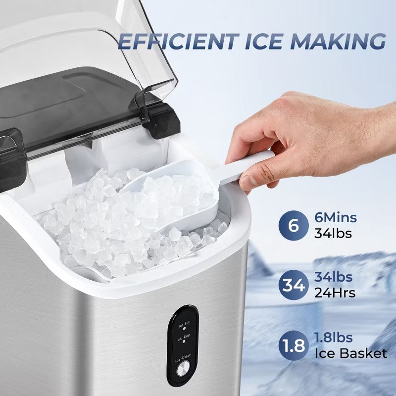 Simzlife 34 Lbs. Countertop Nugget Ice Maker, Silver