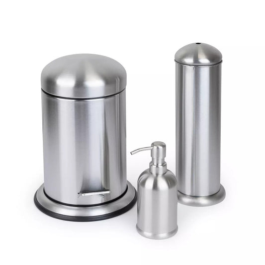 3 Pc Stainless Steel Bathroom Set with 3L Step Can - Silver