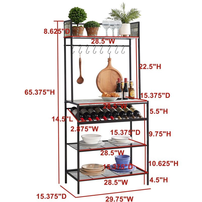 Kings Brand Furniture Lindsay Gray Tile Bakers Rack with 9 Wine Bottle Capacity Rack & 8 Hooks Black