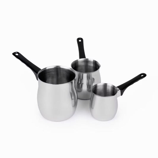 3 Piece Stainless Steel Turkish Coffee Set with Heat Resistant Handles – Silver