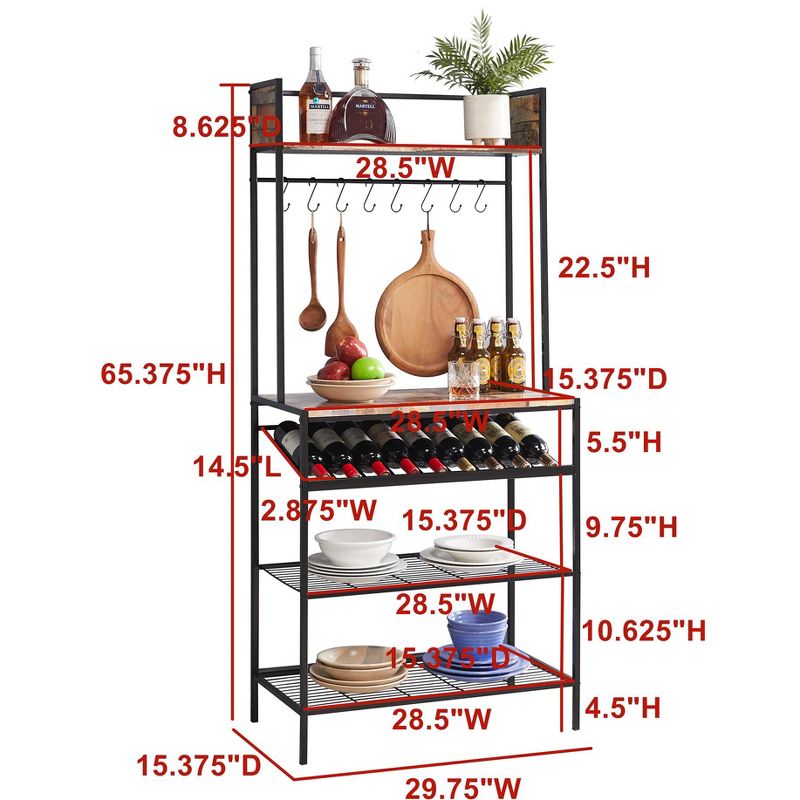 Kings Brand Furniture Lindsay Red Tile Bakers Rack with 9 Wine Bottle Capacity Rack & 8 Hooks Black