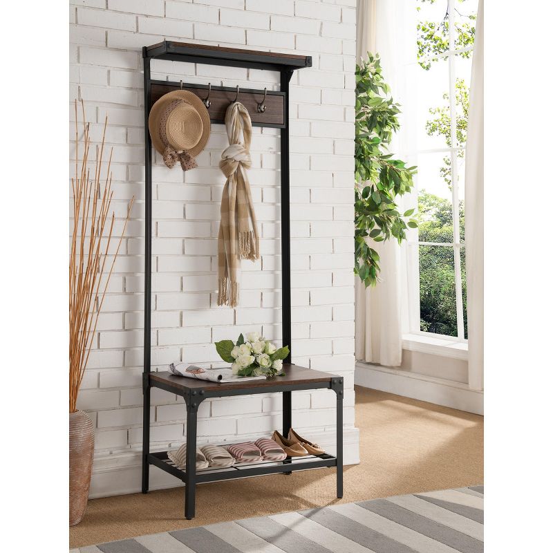 Kings Brand Furniture Joslin Entryway Bench with Storage Rack - Metal Shoe Rack & Coat Rack with Shelf & Hooks- Black/Walnut