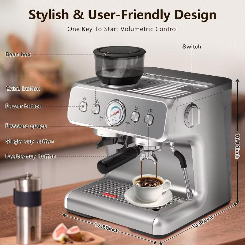 R.W.FLAME Espresso Machines with grinder, 20 Bar Professional Espresso Maker with Milk Frother Steam Wand & Removable Water Tan for Home, Stainless Steel