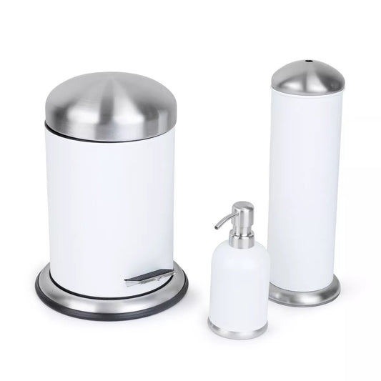 3 Pc Stainless Steel Bathroom Set with 3L Step Can, Toilet Brush Holder, and Soap Dispenser