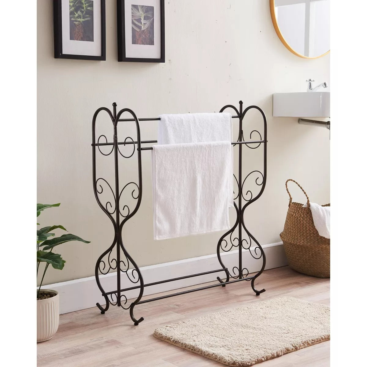 Kings Brand Furniture - Freestanding Pewter Metal Towel Rack Stand with 3 Bars for Bathroom