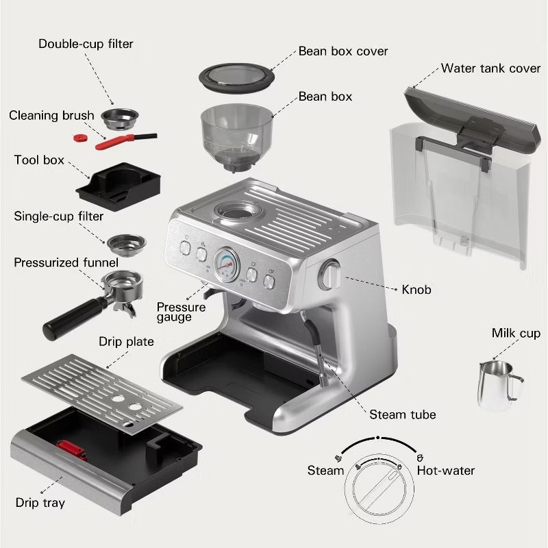 R.W.FLAME Espresso Machines with grinder, 20 Bar Professional Espresso Maker with Milk Frother Steam Wand & Removable Water Tan for Home, Stainless Steel