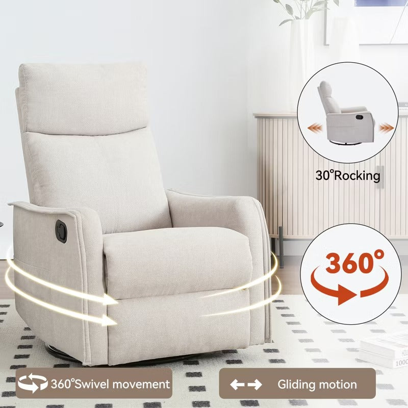 Heat Massage Recliner Chair, Manual Recline with Rocker and Swivel in Soft Fabric, 2 Side Pockets, Wood & Metal Frame