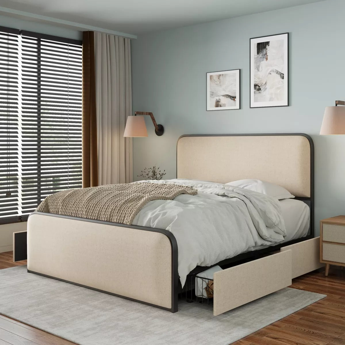 Queen/King Size Metal Platform Bed with Curved Upholstered Headboard and Footboard Bed