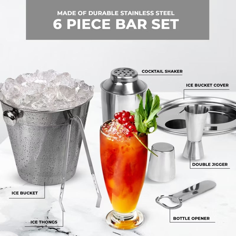 6-Piece Stainless Steel Cocktail Shaker Bar Set, Ice Bucket