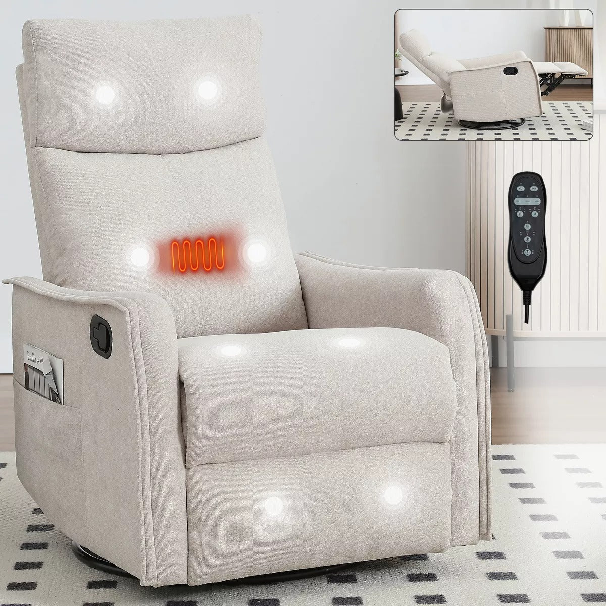 Heat Massage Recliner Chair, Manual Recline with Rocker and Swivel in Soft Fabric, 2 Side Pockets, Wood & Metal Frame