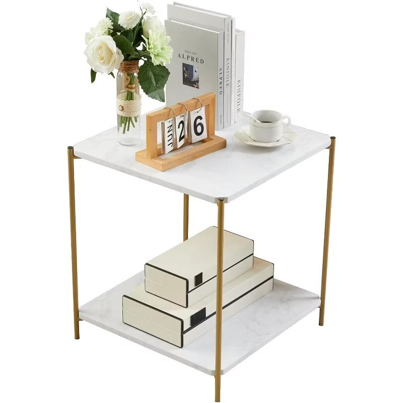 Kings Brand Furniture - Side End Table with Faux Marble Storage Shelves & Gold Metal Frame, White