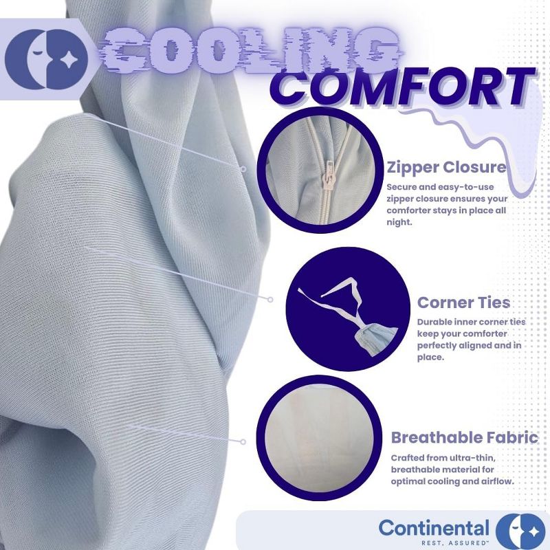 Continental Bedding Cooling Duvet Cover with Zipper Closure - Lightweight Blue Comforter Protector