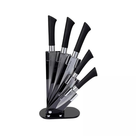 5 Piece Stainless Steel Knife Set with Acrylic Stand – Modern Black Design