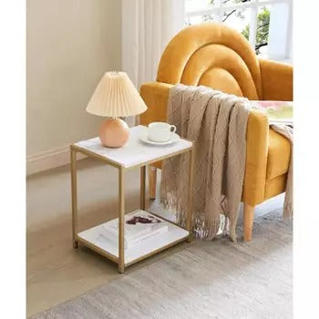 Kings Brand Furniture - Side End Table with Faux Marble Storage Shelves & Gold Metal Frame, White