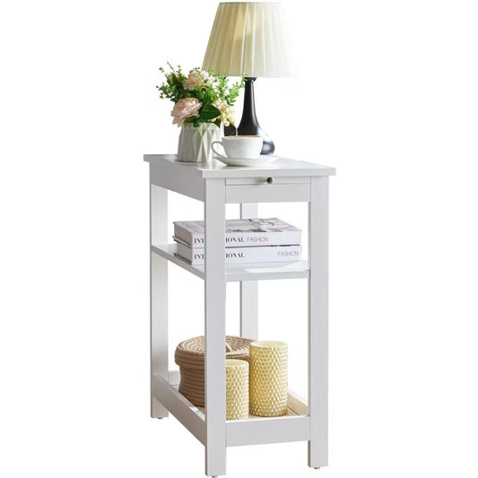 Kings Brand Furniture - Slim Wood Side End Table with Storage Shelves & Pull-Out Tray, White