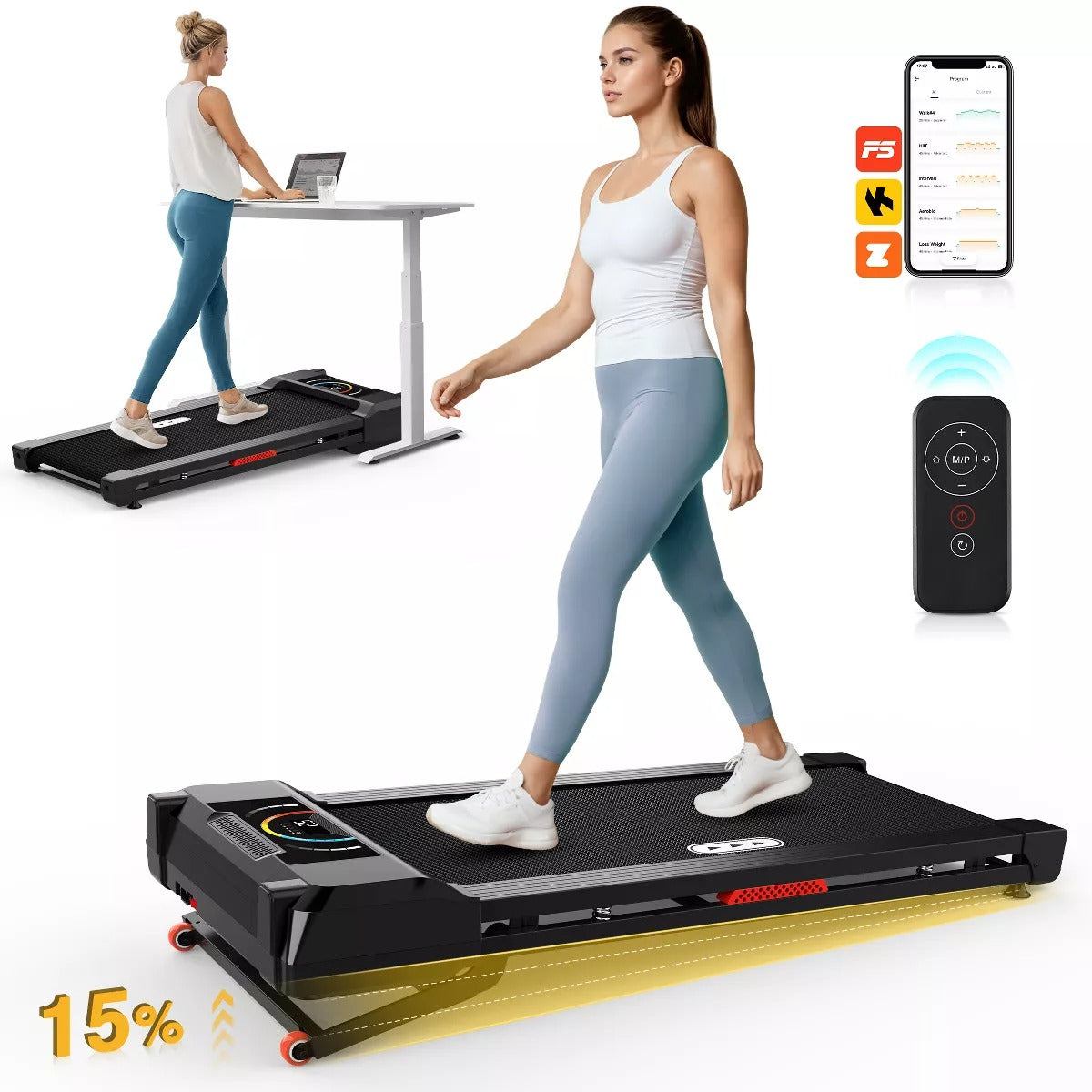 15% Auto Incline Walking Pad Treadmill, 350lbs Capacity, Portable Under Desk Treadmill