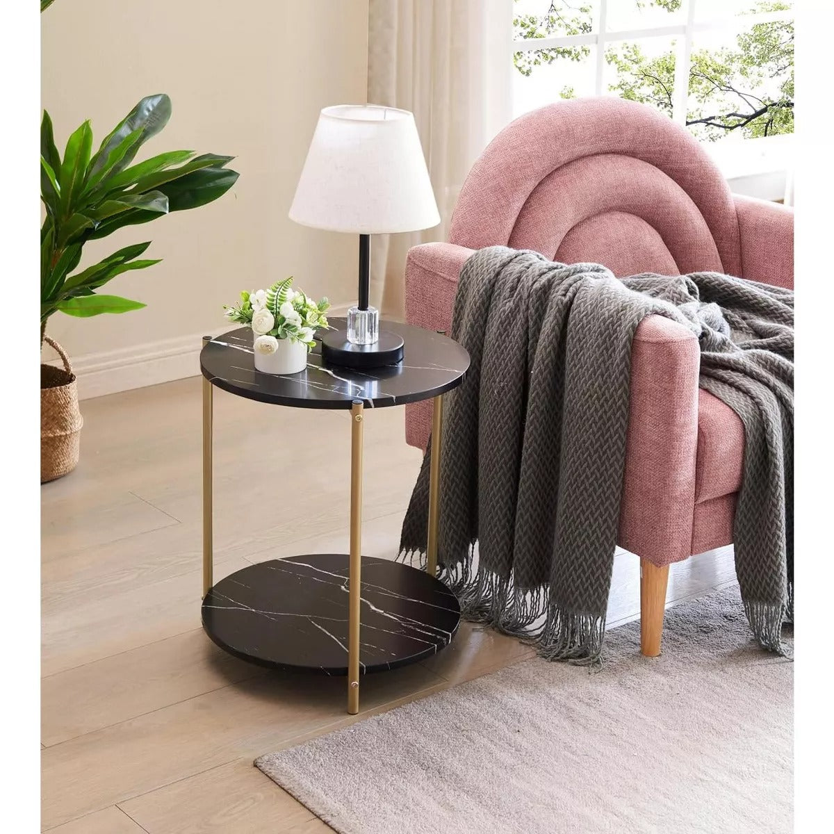 Kings Brand Furniture - Side End Table with Faux Marble Storage Shelves & Gold Metal Frame Black