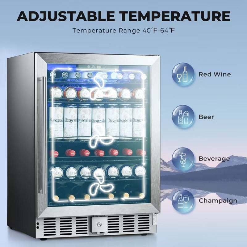 R.W.FLAME 5.1 Cu.Ft Beverage Fridge, 24 Inch, 166-Can, Low Noise, Glass Door, Stainless Steel