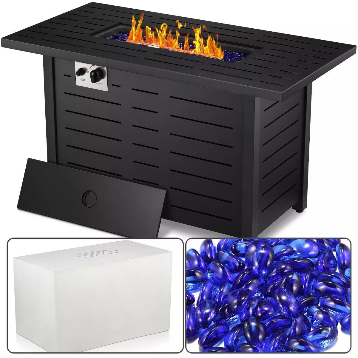 R.W.FLAME 43" Gas Fire Pit Table, 50,000 BTU Propane Burner with Steel Lid & Lava Rock