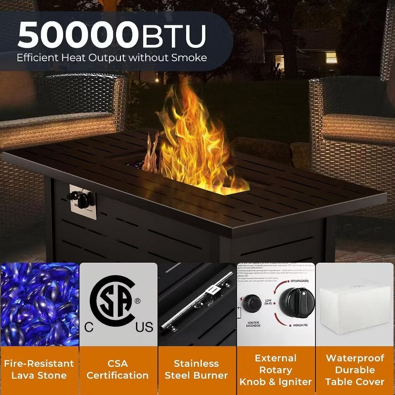 R.W.FLAME 43" Gas Fire Pit Table, 50,000 BTU Propane Burner with Steel Lid & Lava Rock