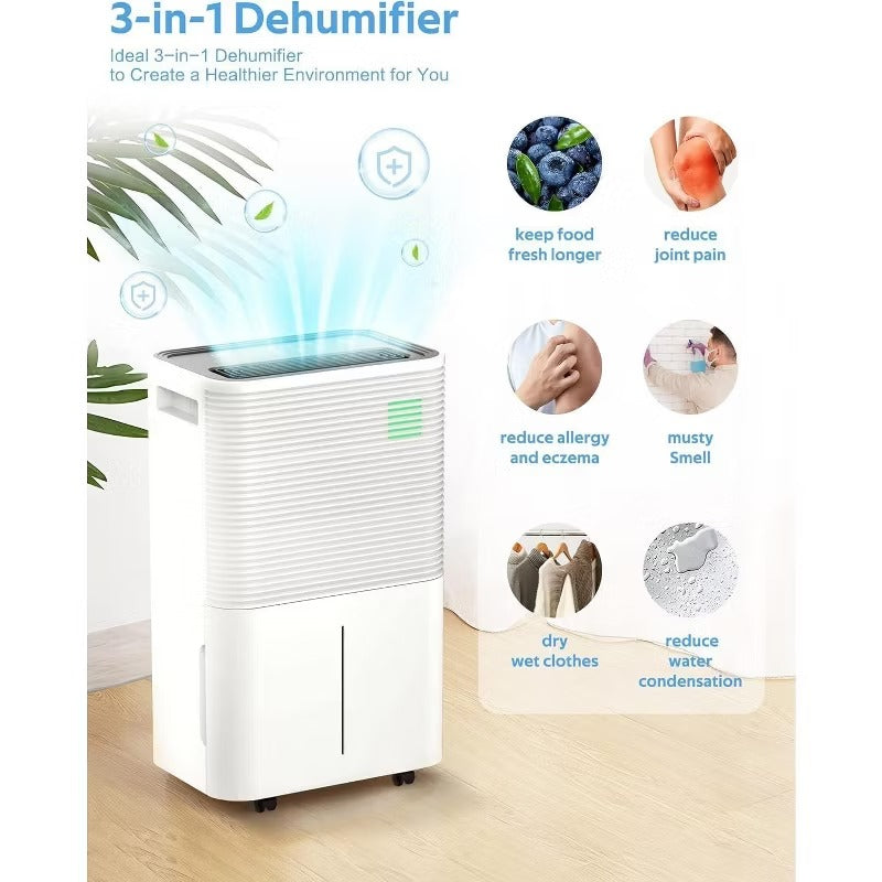 R.W. FLAME 45 Pint Efficient Dehumidifier, Auto Defrost, 4L Water Tank, 3-Color LED Light, for Home, Bathroom, Bedroom, White, Quiet Operation