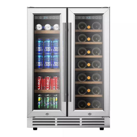 Simzlife 24" Under Counter Dual Zone Wine Cooler,Stainless Steel Mini Fridge Countertop Drink Cooler, Glass Door