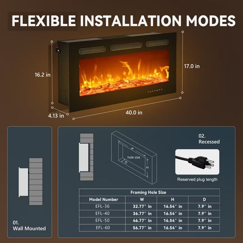 Simzlife Electric Fireplace Wall Recessed and Wall Mounted with Adjustable Flame Color