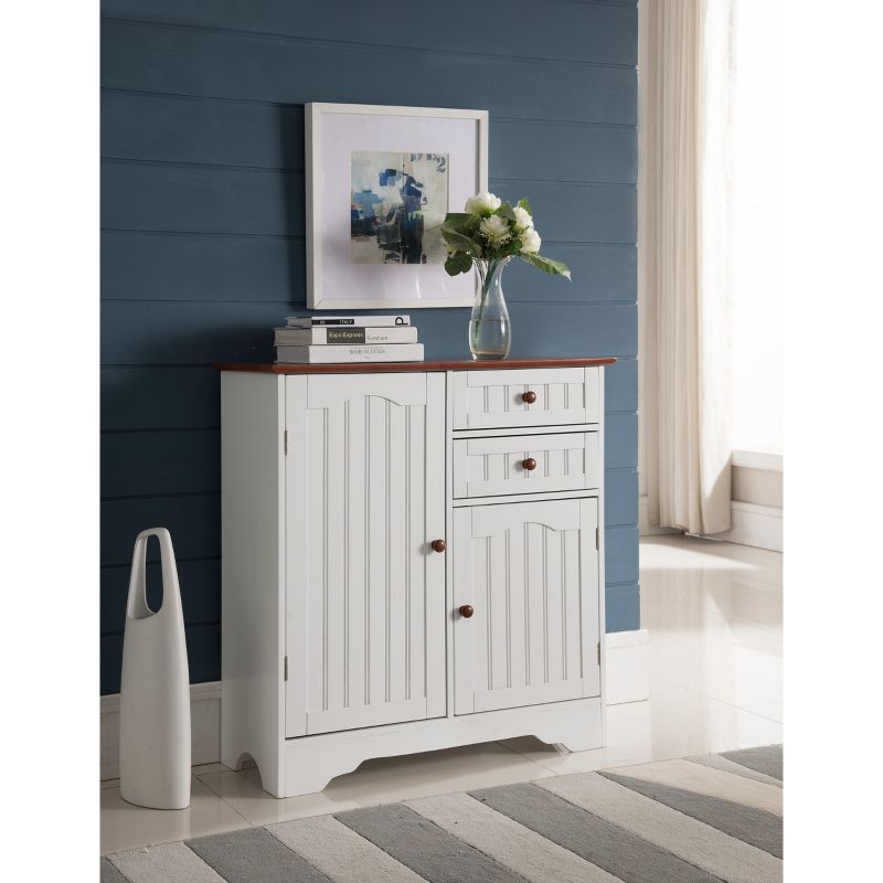 Kings Brand Furniture Habar 2-Door Wood Kitchen Storage Buffet Cabinet, White/Walnut