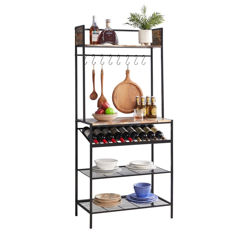 Kings Brand Furniture Lindsay Red Tile Bakers Rack with 9 Wine Bottle Capacity Rack & 8 Hooks Black