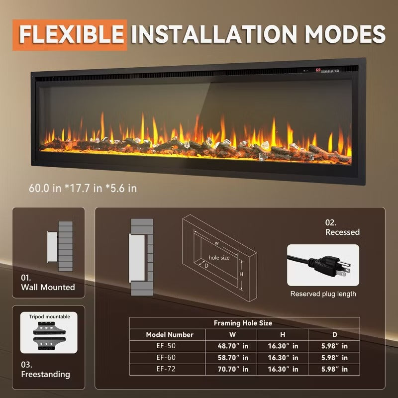 Simzlife Electric Fireplace Recessed Wall Mounted Freestanding with Remote Control