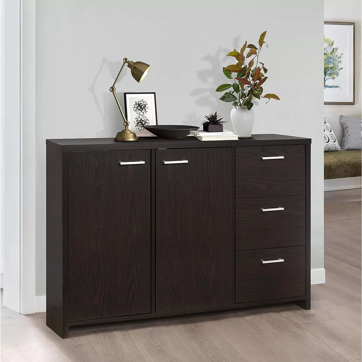 Kings Brand Furniture - Sideboard Buffet Storage Cabinet for Kitchen Dining Room Entryway, Oak Chocolate