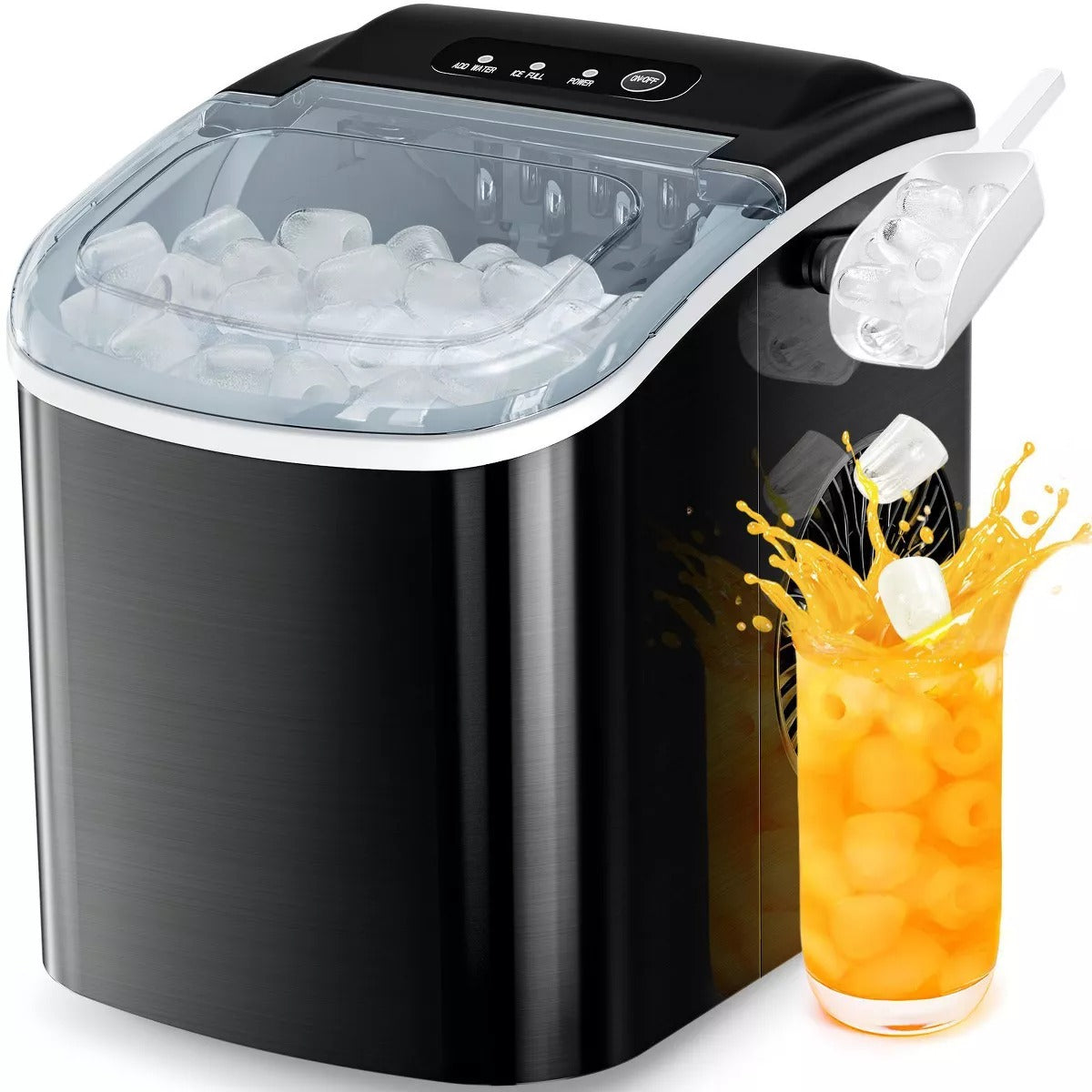 R.W.FLAME Stainless Steel Ice Maker Countertop, Bullet ice, 26.5Lbs/24H, 9 Pcs/6 Mins