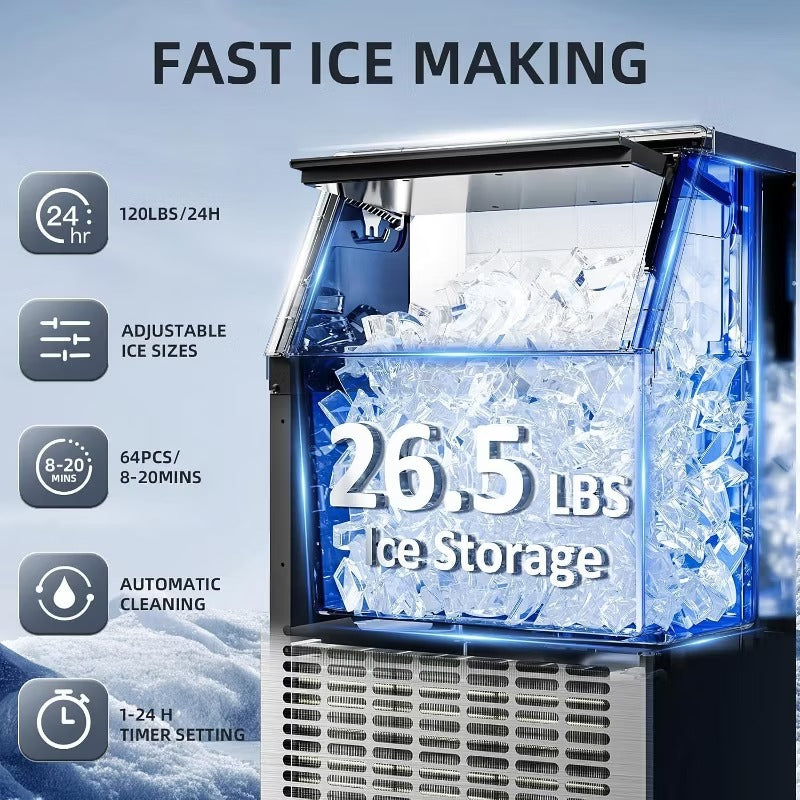 R.W.FLAME Commercial Ice Maker, Crescent Ice, 121.25lb/24H, 26.46 Pounds Storage Capacity