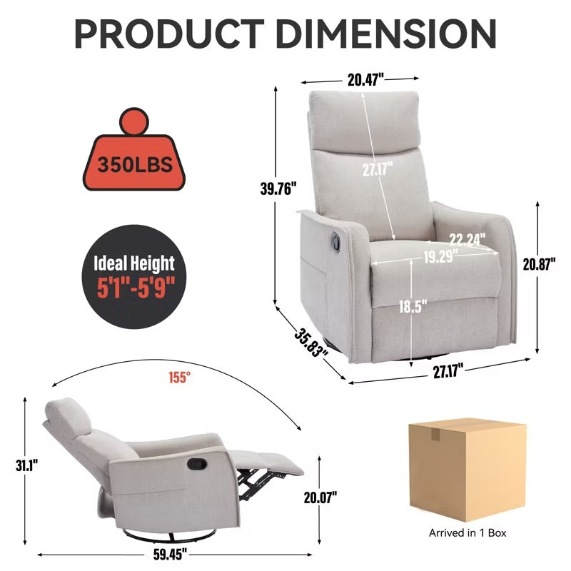 Heat Massage Recliner Chair, Manual Recline with Rocker and Swivel in Soft Fabric, 2 Side Pockets, Wood & Metal Frame