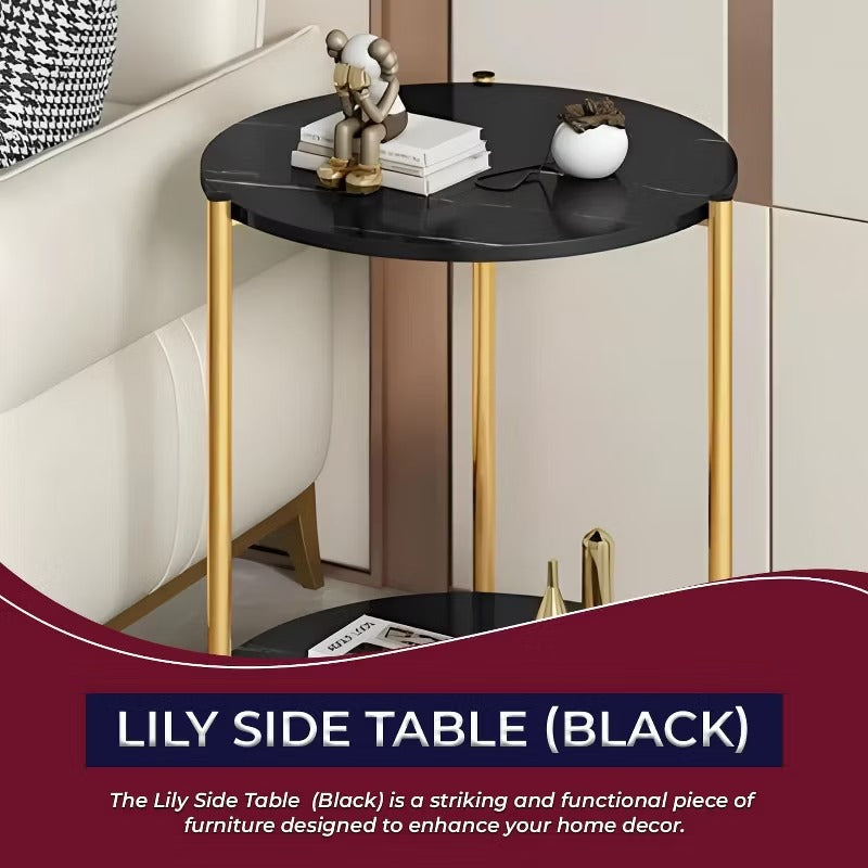 Kings Brand Furniture - Side End Table with Faux Marble Storage Shelves & Gold Metal Frame Black