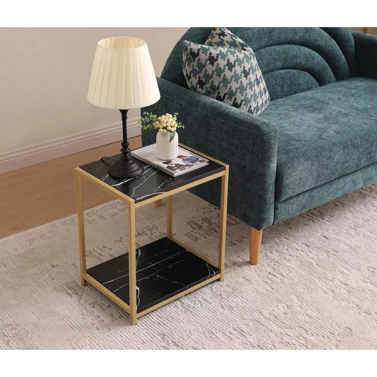 Kings Brand Furniture - Side End Table with Faux Marble Storage Shelves & Metal Frame