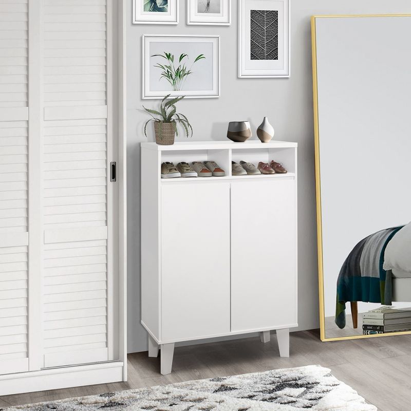 Kings Brand Furniture Elgin Modern 2-Door with Open Shelf Shoe Rack Storage Cabinet, White