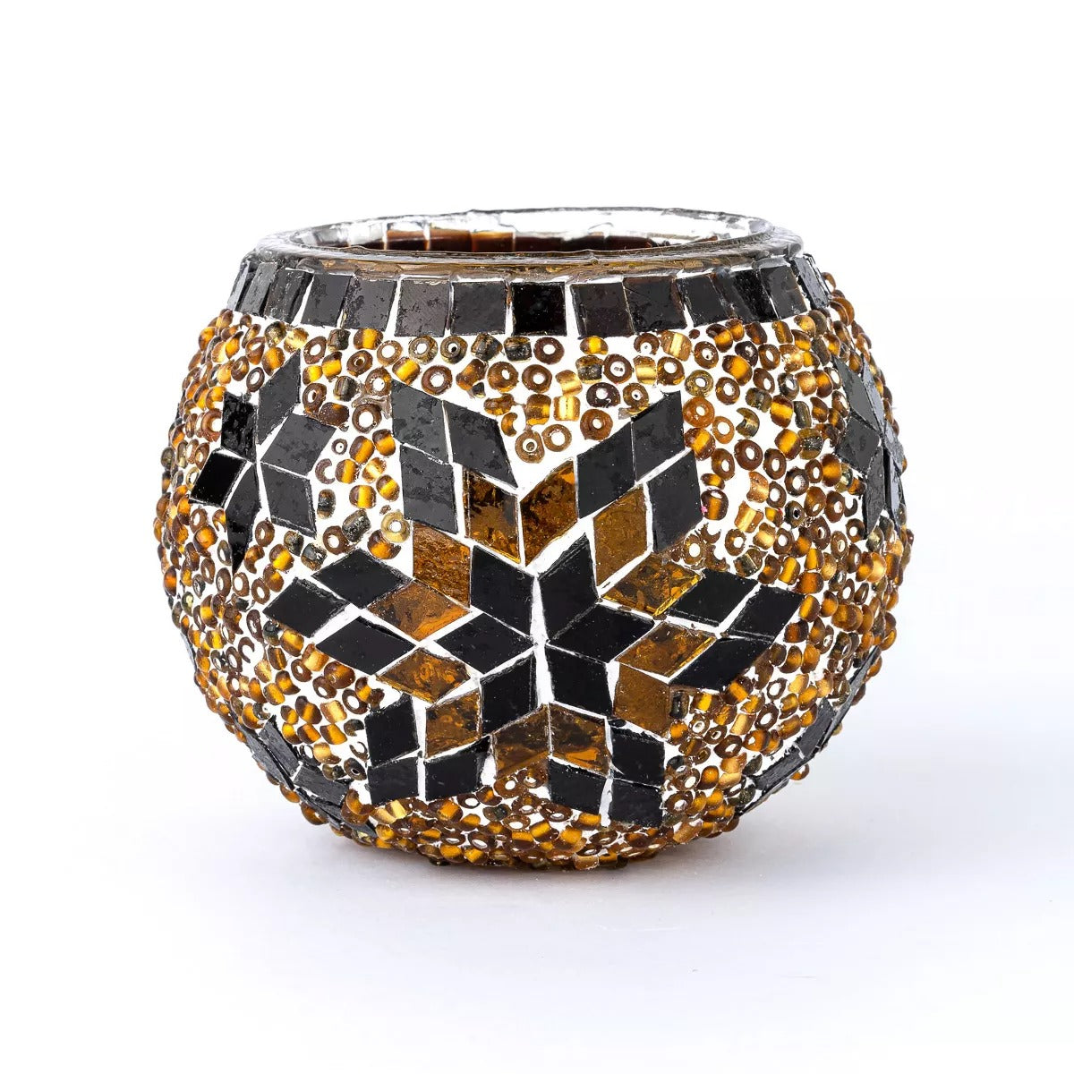 Kafthan 3.4 in. Handmade Ecru and Brown Mosaic Glass Votive Candle Holder