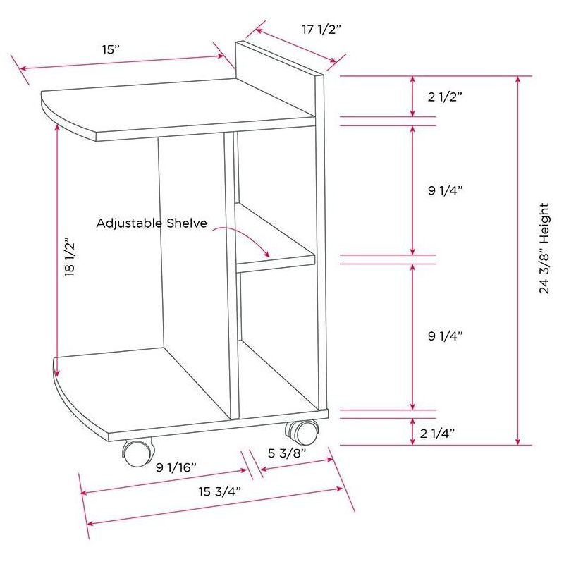 Kings Brand Furniture Farrell Snack Side End Table with Storage Shelves and Wheels, Chocolate