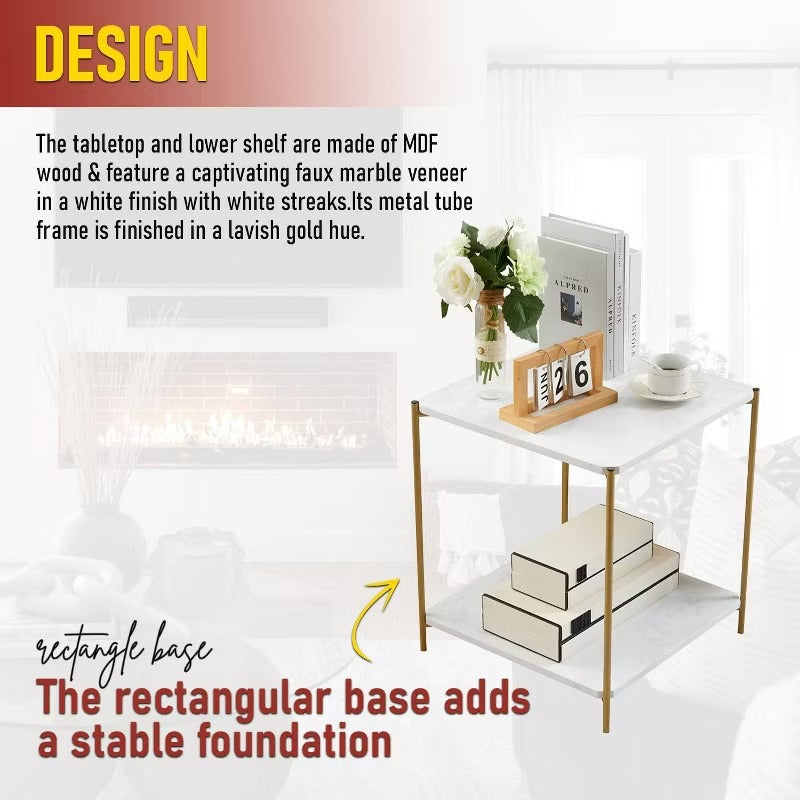 Kings Brand Furniture - Side End Table with Faux Marble Storage Shelves & Gold Metal Frame, White